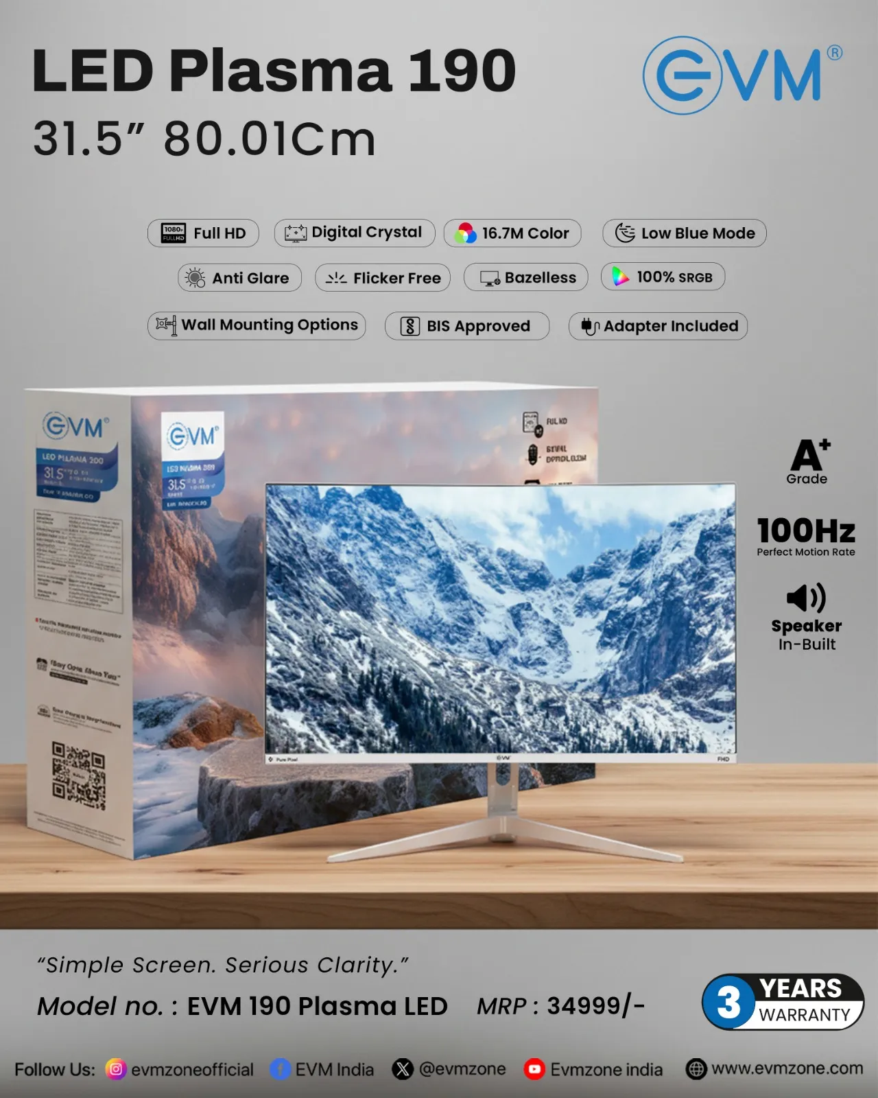 EVM LED Monitor 32" FHD VA 100Hz with HDMI | VGA | Speaker (190 Plasma) White view 3